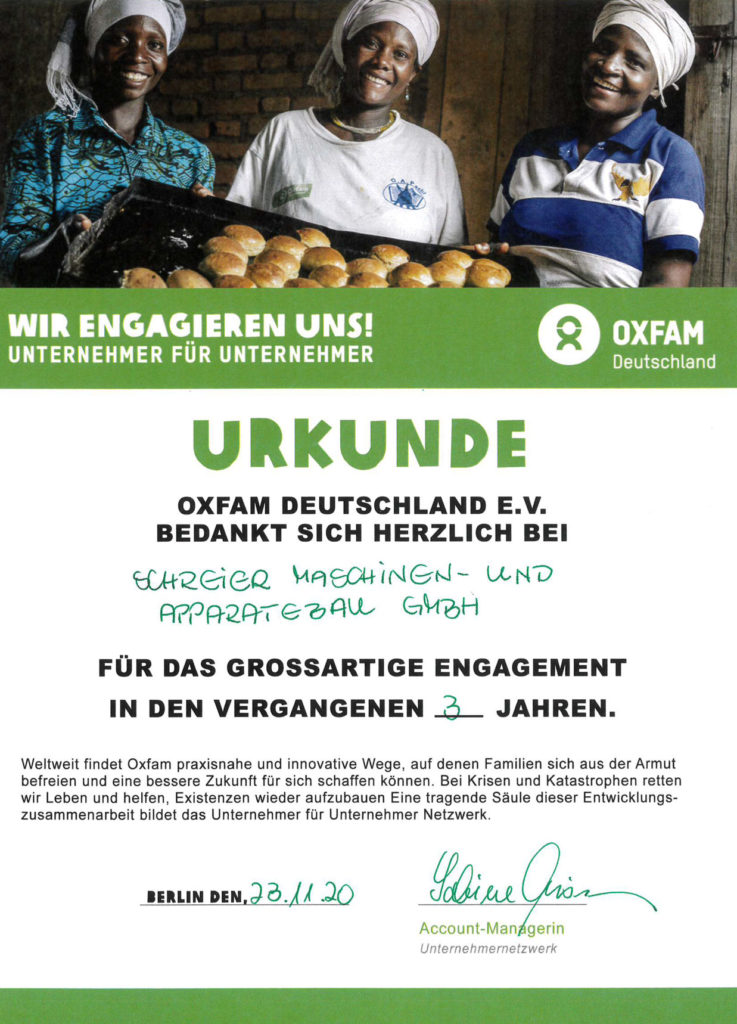 Urkunde Oxfam - Wir engagieren uns: Unternehmer für Unternehmer